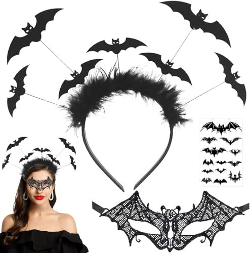 5 Stück Halloween Lace Zubehör, Halloween Damen Lace Set, Schwarze Spitze Maske Lace Handschuhe und Halsketten, Fledermaus Haarreife mit 10 Spinne Tattoo für Halloween Gothic Kostüm Maskerade