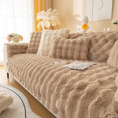Topchances Soft Plush Sofa Cover - New Non-Slip Sofa Covers 1 2 3 Seater, Rabbit Faux Fur Couch Covers, Fluffy Couch Cover, Sofa Cover L Shape Furniture Protector for Living Room (Light Coffee,90x240)