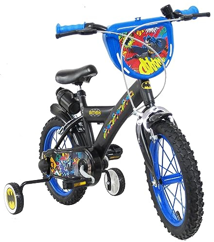 albri 14 Zoll, Batman-Fahrrad, mit Seitenstabilisatoren, Trinkflasche und individuellem Frontschild. Made in Italy für Kinder, schwarz
