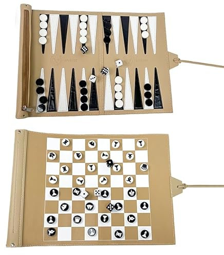 Apherin Enroulable Backgammon de Voyage, d'échecs et de Dames 3 en 1 – Design Double Face pour échecs(Beige)