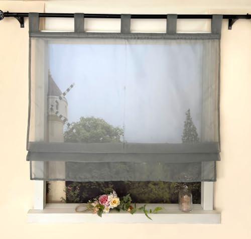 Devola Raffrollo Einfarbig Schlaufenrollo Modern Raffgardine Transparent Küchen Gardinen Voile Gardinen Kurz HxB 140x140cm Hellgrau 1 Stück