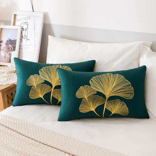 Kissenbezug 30x50 Blau Dunkelgrün Kissenbezug Set Gold Ginkgo Biloba Blätter Muster Kissenbezug Samt Kissenhülle Kissenbezug Dekokissen Sofakissen Couchkissen für Sofa Bett Zuhause Dekoration 2er Set