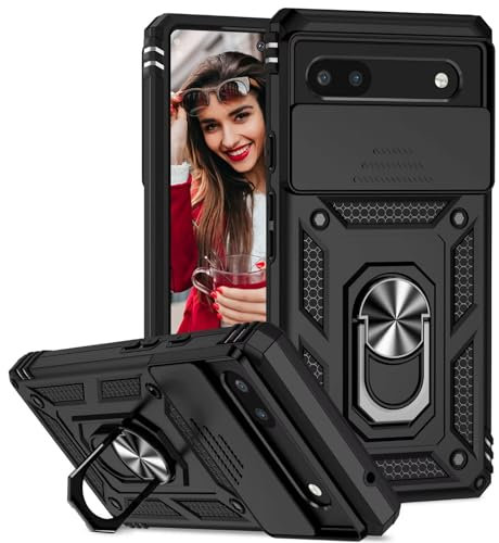 POUHYE Handyhülle für Google Pixel 6a Hülle, [Slide Camera] Hybrid Militärqualität Stoßfest Bumper Outdoor Handyhülle mit 360° Drehbarer Metall Ring Ständer Schutzhülle Case Schwarz
