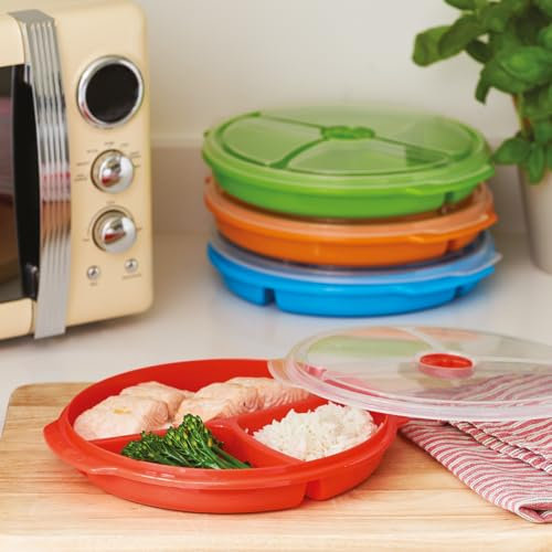 4 x Divided Food Storage Plates – Microwave, Fridge, Freezer & Dishwasher Safe Plastic Plate Set with Sealable Vented Lids - Ideal for Leftovers, Snacks & Packed Lunches, Each H23.5 x W25.5 x D4.5cm