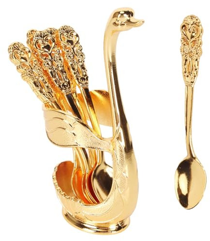 Gold Serving Spoons 6pcs Exquisite Dessert Spoon Set Decorative Sundae Spoons with Base Holder for Dessert Ice Cream Cake Golden