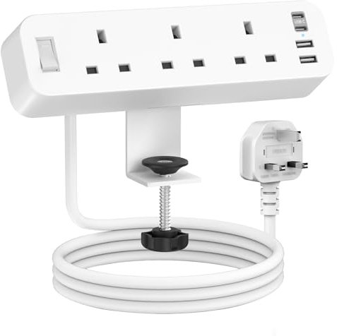 Desk Power Socket with 4 USB (2 Type C), ANVODE 3 Way Desktop Power Strip with Switch, Desk Extension Lead 2M for Home Office (White)