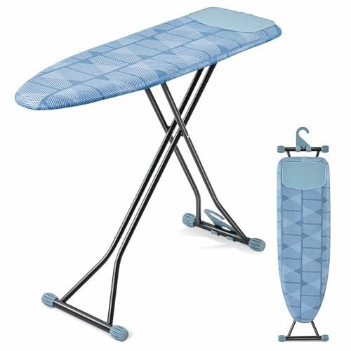 KINGRACK Ironing Board, Iron Board with Silicon Iron Rest, Extra Thick Heat Resistant Cover, Ironing Table Height Adjustable, Wall Mount & Closet Hanger Heavy Duty Legs, Blue