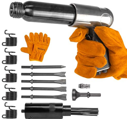 BAUSATZ Air hammer Heavy Duty 220mm long barrel air chisel kit with 5pcs chisels Needle Scaler Attachment with 19pcs Needles,5000BPM air chisel for shoveling and cutting (JBCXJ02)