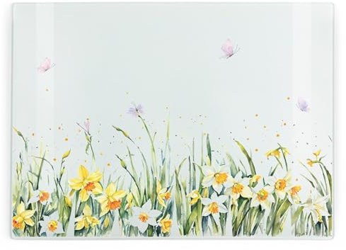 Spring Daffodils Large Rectangular Glass Worktop Protector - Butterfly Floral Gift - Smooth Kitchen Chopping/Cutting Board Worktop Saver with Non-Slip Feet 39cm x 28.5cm (15 x 11)