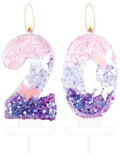 Schmetterling Zahl 20 Kerzen für Kuchen 20 Geburtstag Schmetterling Kuchen Kerzen Cake Topper Mädchen 20 Geburtstag Kuchen Dekorationen Lila Rosa Schmetterling Geburtstagskerzen Lila Schmetterling