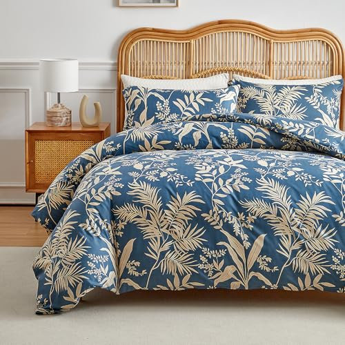 Nyescasa Bettwäsche 135x200 4 Teilig Blau Blumen Blätter Muster Bettwäsche-Set Pflanzen Botanisch Wendebettwäsche Bunt Weiche Mikrofaser 2 Bettbezug mit Reißverschluss und 2 Kissenbezug 80x80cm