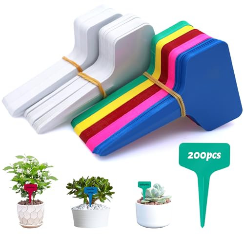 Piuluvor® 200 Pezzi Etichette per Piante in Plastica 10 × 6 cm Etichette Piante Impermeabile Cartellini per Piante a Forma di T per Piante in Vaso, Erbe, Fiori, Verdura (6 Colori)