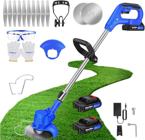 Qimu Tagliaerba elettrico a batteria 21 V, decespugliatore elettrico a batteria, decespugliatore con 2 batterie e coltelli in metallo, tagliabordi, fresa da giardino con lame per giardino, cortile