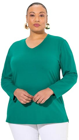 Ulla Popken Damen große Größen Übergrößen Plus Size Shirt, V-Ausschnitt, Relaxed, Langarm smaragd grün 62+ 725334469-62+