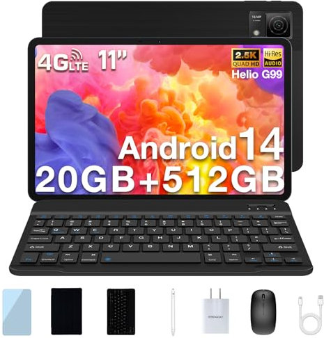 DOOGEE T40 Tablette avec Clavier,20 RAM+512GB ROM(TF 2TB) Helio G99, 8580mAh,Tablette 11 Pouces 2.5K Tablette Tactile, Android 14, 18MP Face ID/Dual 4G LTE/OTG/GPS