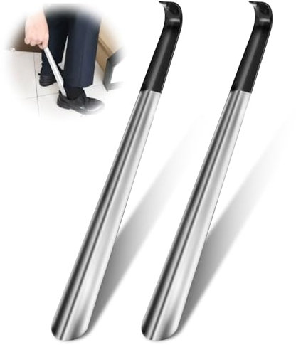 Bixury Chausse Pied Long Metal 42 cm, 2 Pièces Chausse Pied Metal en Acier Inoxydable, Grand Chausse Pieds Long Manche avec une coque noire, pour Enceintes, Personnes âgées et Enfants (Argent)