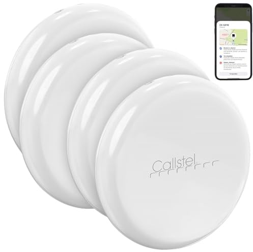 Callstel Schlüsselfinder mit App: 4erSet Schlüssel- & Gegenstandsfinder, Apple-AirTag-komp., MFi, weiß (Rucksackfinder, Tracker, GPS)