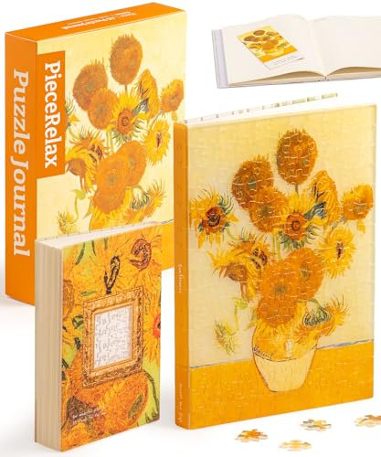 PieceRelax Puzzle Buchumschlag Van Gogh - Sunflowers [YA1064], A5 Liniertes Notizbuch, Transparente Buchhülle, Stifthalter, Lesezeichen, 329 Teile
