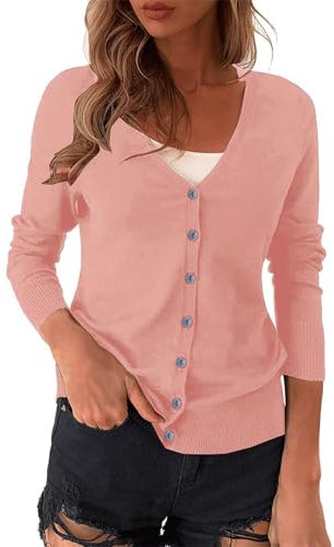 Cardigan pour femme à manches longues doux basique col en V boutonné léger tricot solide élégant pull pour femme, rose, 3XL