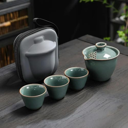 GENPICONG Service à thé en céramique 3 Tasses Gaiwan Portable Voyage Kungfu Chinois Soupière à thé Cérémonie 170ML