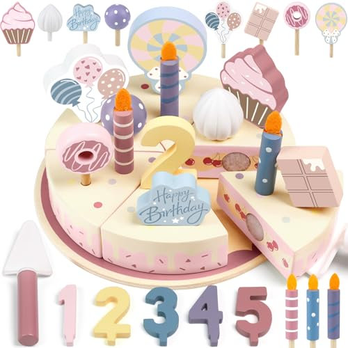 Airlab Wooden Birthday Cake Toy, Wooden Toy Kitchen Accessories and Tea Party Set for Toddlers, Play Food for Children Kitchen, Role Play Educational Toys for 2 3 4 5 Year Olds Girls Birthday Gift