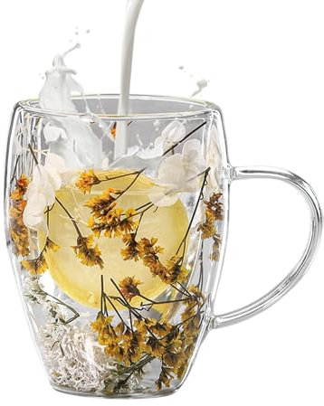 350ml Tazza Vetro Doppio Strato Tazza In Vetro Con Fiori Secchi Tazza Doppia Parete Vetro Fiori Secchi Tazze Da Caffè In Vetro Isolante Con Manico Per Bevande Calde E Fredde Tè Cioccolata