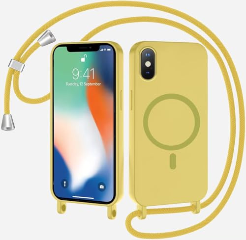 xinyunew Coque Magnétique pour iPhone X/iPhone XS avec Cordon, Compatible avec MagSafe Collier Étui Silicone Liquide avec Tour de Cou Lanière en Corde Souple TPU Antichoc Housse,Jaune