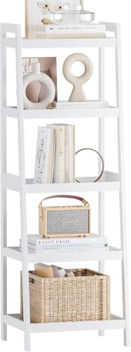 SMIBUY Bamboo Ladder Bookcase, Bathroom Storage Rack Organizer, 4 Tier and 5 Tier Freestanding Plant Display Stand Space Saver Shelves for Bedroom, Balcony (White, 5 Tiers (127cm H))