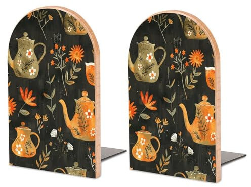 Book Ends for Shelves,Plants And Teapot Print Wood Heavy Duty Bookends 1 Pair,Fancy Modern Decorative Non-Skid Book Stopper for Office, Library Or Study Book Accessories