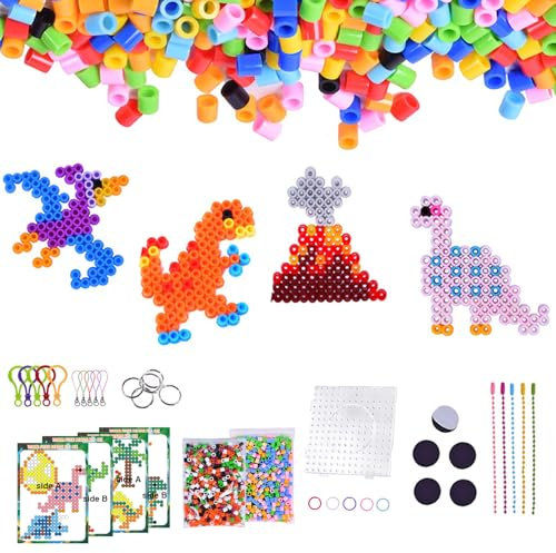 Osuter Grand Set de Perles à Repasser 10mm,1000 Pièces de Perles à Repasser XL Avec Plaques de Perles à Repasser,12 Couleurs Vives XL Perles à Repasser,10 Modèles Dino Avec Porte-clés et Accessoires p