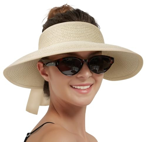 Creekstone Sun Visor Hats for Women Straw Visor Wide Brim UV Protection Packable Summer Beach Hat Ponytail Travel UPF 50+