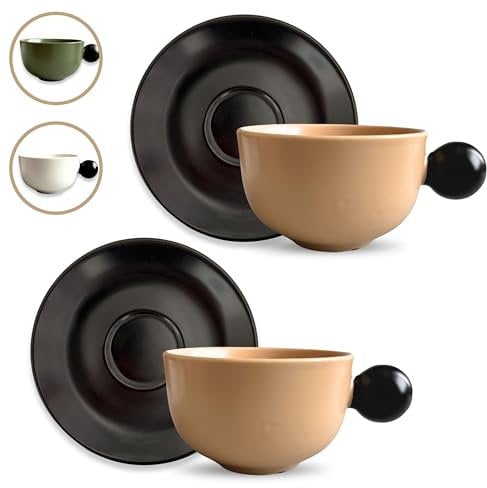 Breezy Nest Ceramic Cup and Saucer Set of 2-200ml Nordic Style Coffee Mugs with Round Knob Style Handle, Black and Beige, Microwave and Dishwasher Safe (Black and Beige)