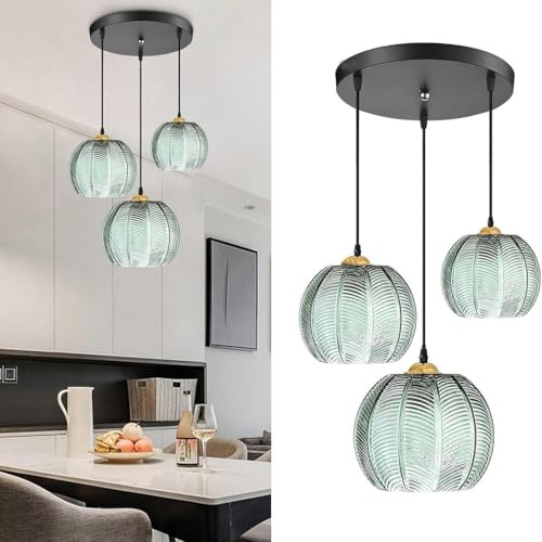 HEYUN Lustre Suspendu 3 Lumières Pour Table À Manger Avec Abat-Jour En Verre Vert Plafonnier Moderne Réglable En Hauteur Lampe Suspendue Créative Pour Cuisine Salle À Manger Chambre Salon(3-light)