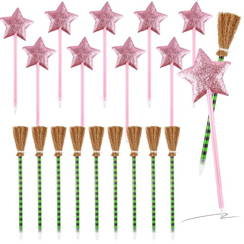 20 penne a tema strega principessa con 10 penne a sfera rosa a stella e 10 penne a righe verdi, penne per scopa da strega, regali malvagi per feste di compleanno e decorazioni, per bambini