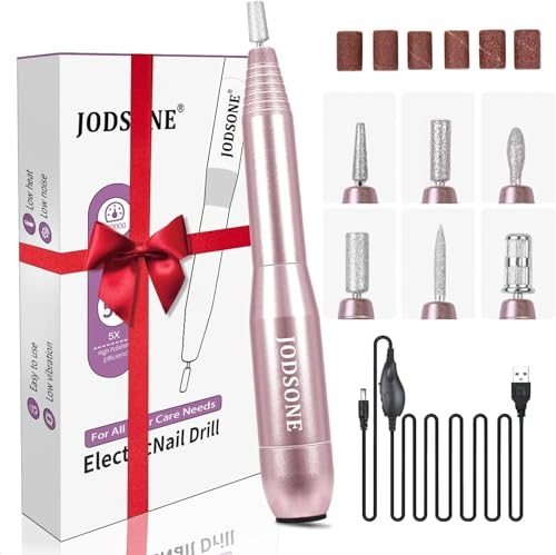JODSONE Electric Nail Drill, Nail Files for Gel Acrylic Nature Nails, Adjustable Speed 0-20000RPM, Portable Manicure Pedicure Set with 6 Drill Bits, E File Beginner Girl Women Mum
