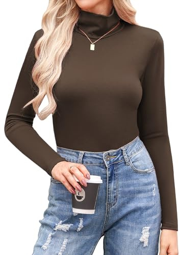 Aottori Brown Turtle Neck Tops Womens Long Sleeve Base Layer Top Ladies Basic Roll Neck Underwear Tee Shirts Soft Lightweight Thermal Pullover Tunic Brown XXL