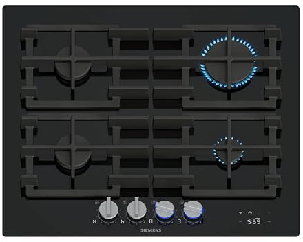 Siemens iQ700 Smartes Gaskochfeld 60 cm Hartglas Schwarz ER6A6PH40 | Home Connect, Touch-Display, Restwärmeanzeige, Digitales Display, Beleuchtete Knebel, Abnehmbare Metallknebel