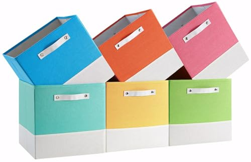 FABINADO Storage Cube | 260g/㎡ Linen Cubby Box for Shelf, Bookshelf, Closet, Wardrobe | 33cm Square Drawer Insert Basket | 6 Pack, Macaron & White (Green/Pink/Blue/Cyan/Yellow/Orange), 33x33x33cm