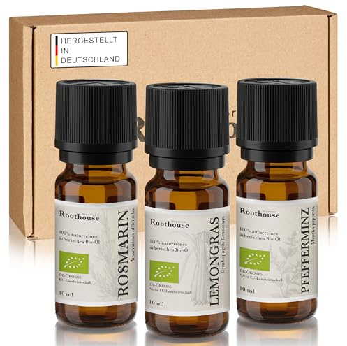 Roothouse-Organics® 3er Set - Focus und Konzentration - 100% naturreine ätherische Bio Öle - Lemongrasöl + Rosmarinöl + Pfefferminzöl - für Aromadiffusor und Duftlampe geeignet