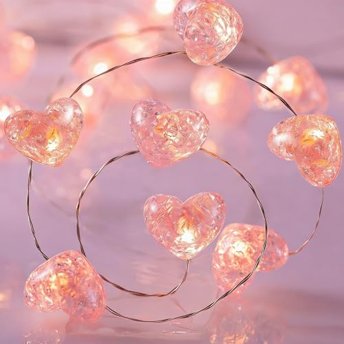 ALEGRE® Kristall Lichterkette Herzen Deko, 2M 20 LED Herzen Lichterkette Kristall Batterie, Micro Kupferdraht Herz Lichterketten Innen, Rosa String Lights für Valentinstag, Jahrestage, Hochzeit Deko