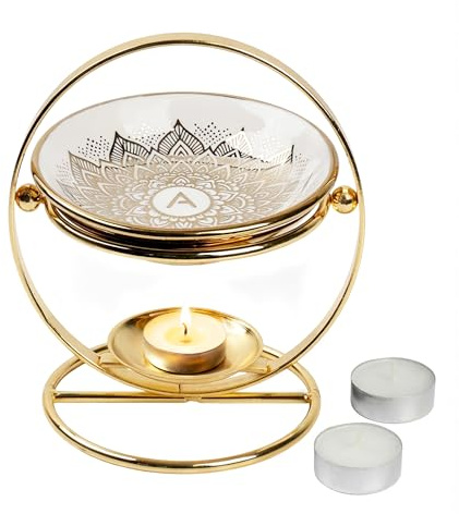 Duftlampe Gold aus Keramik mit Ständer – Wachsschmelzer für Duftwachs & Ölwärmer für ätherische Öle, Teelichthalter mit Mandala Schale, Wellness & Spa Deko – Aromaholik Medito