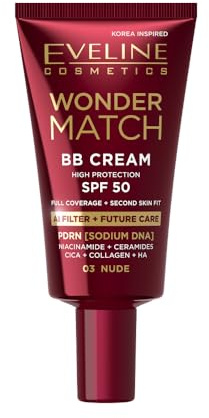 Eveline Cosmetics Wonder Match BB Cream SPF 50 – Getönte Tagespflege für Satin-Glow & Feuchtigkeit – Aufbaubare Deckkraft mit Hyaluron, Niacinamid & CICA