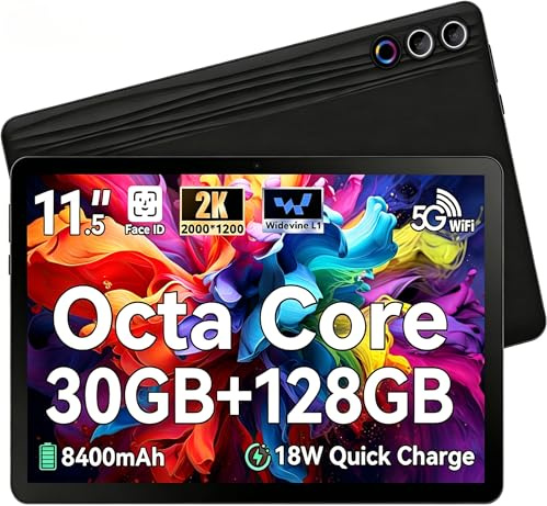 Ainmel 11.5 inch Tablet, Android Tablet, 2K Display (2000x1200 IPS), Octa-Core CPU, 30GB+128GB(TF 1TB), 8400mAh, 13MP+8MP, Widevine L1, Wi-Fi 6, 18W Quick Charge Gaming Streaming Study Tablets Pad