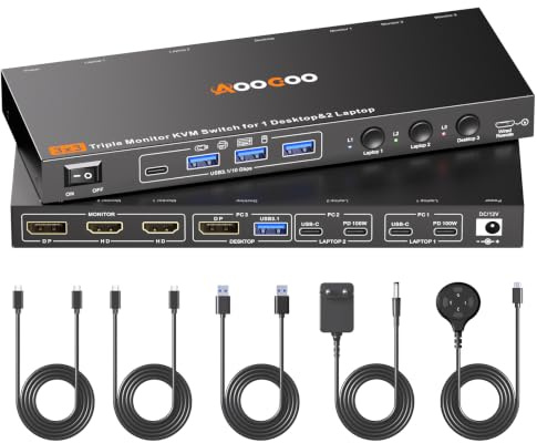 USB C DP KVM Switch 3 Computers 3 Monitore,4K/1080P@60Hz MST KVM Switch für 1 PC&2 Laptops Share 3 Monitor with 4 USB3.0 Devices, PD für Laptop, USB Kabel und Netzteil