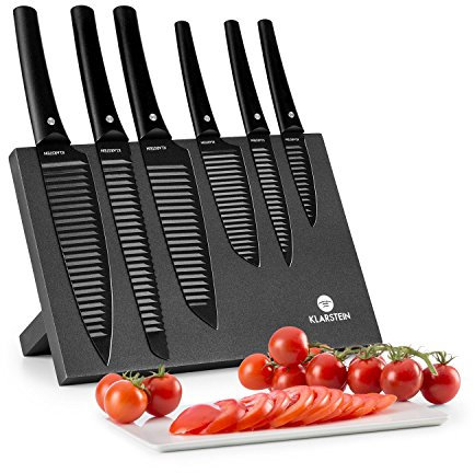 Klarstein Kissaki - Set de couteaux, 6 tailles, Revêtement magnétique, Design japonais, Antiadhésif, Céramique, Forme ondulée, Bloc de bois magnétique, Noir