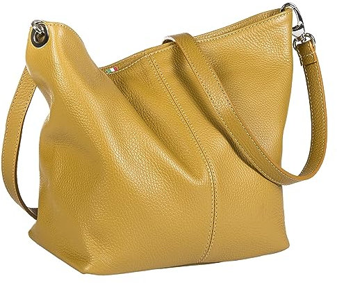 LiaTalia Borsa a tracolla da donna, in morbida pelle granulosa, misura media, realizzata con pelle italiana al 100%, color Adal, giallo senape, Taglia unica