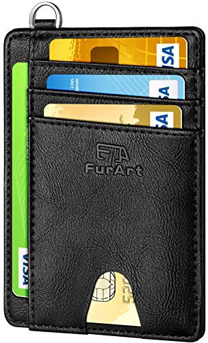 FurArt Portefeuille Minimaliste Fin, Porte-Cartes de Crédit avec Blocage Anti RFID, Les Femmes Hommes, Démontage Manille en D,Peau De Vachette Vintage Noir