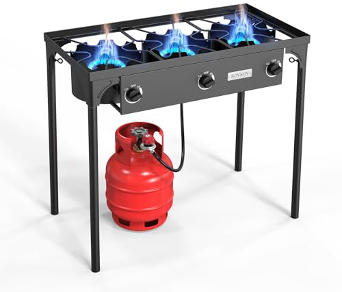 ROVSUN Fornello a gas propano a 3 fuochi, 225.000 BTU ad alta pressione, bruciatore da campeggio all'aperto con regolatore elencato CSA, fornello da picnic perfetto per la produzione di sciroppo