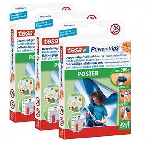 tesa Powerstrips® Poster-Klebestreifen, max. 200 g, spurlos wieder ablösbar (1 Packung mit 20 Stück) (3 Packungen)