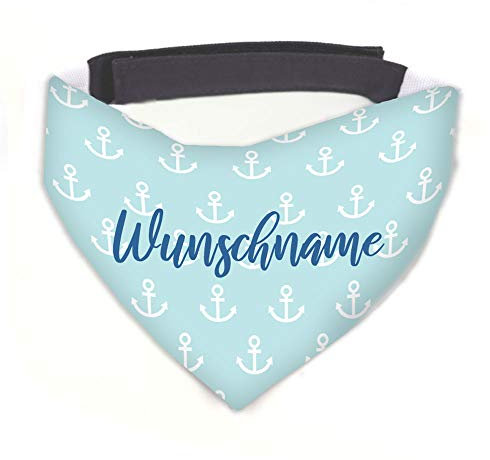 Hundehalstuch Anker blau / weiß personalisiert inklusive Wunschname mit 12 cm Klettverschluss für kleine, mittlere und große Hunde, Hunde-Halstuch / Dreieckstuch (S Halsumfang 32-38 cm)